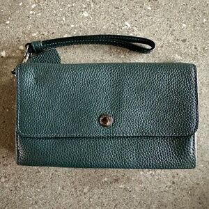 COACH LADIES DOUBLE ZIP WRISTLET WALLET FOREST GREEN PEBBLED LEATHER